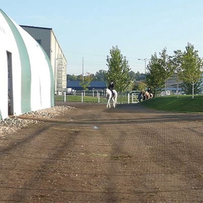Pavimenti di plastica per terra geocelle ghiaia paddock griglia cavallo erba e casa agricola